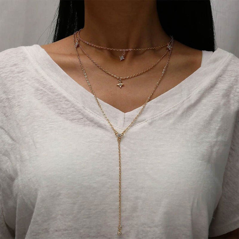 Jovono Boho Choker Necklaces Layered Star Pendant Necklace Chain Rhinestone Necklace Chain Jewelry for Women(Set A) - Image 5